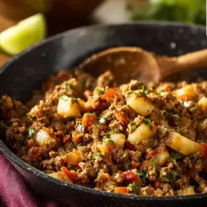Mexican Style Ground Beef Hash served in a colorful dish with toppings