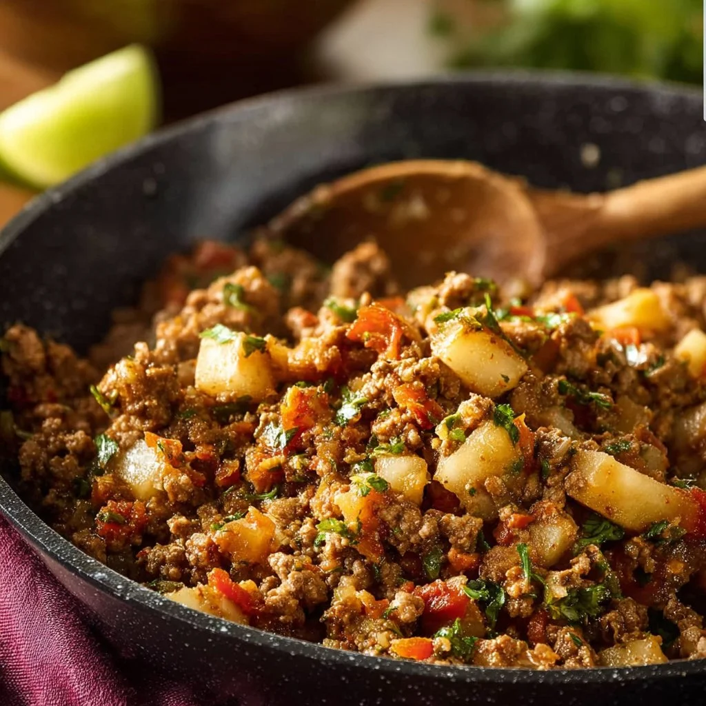 Mexican Style Ground Beef Hash served in a colorful dish with toppings
