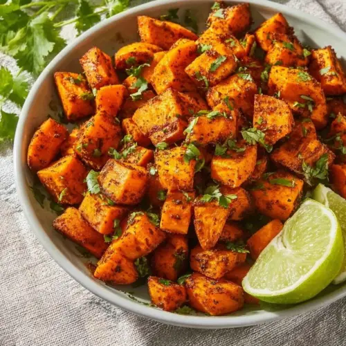 Baked Mexican Sweet Potatoes topped with spices and herbs