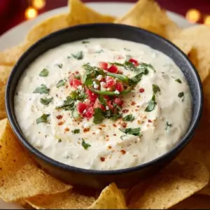 Creamy Mexican white cheese dip served in a bowl with tortilla chips
