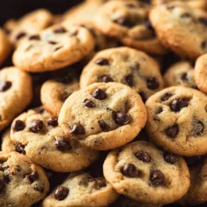 Mini chocolate chip cookies arranged on a cooling rack