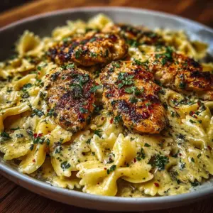 Mozzarella Garlic Butter Chicken Bowties served in creamy cheese sauce
