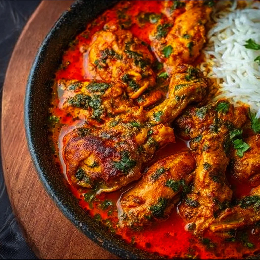 A bowl of delicious Nigerian Chicken Stew with vegetables and spices