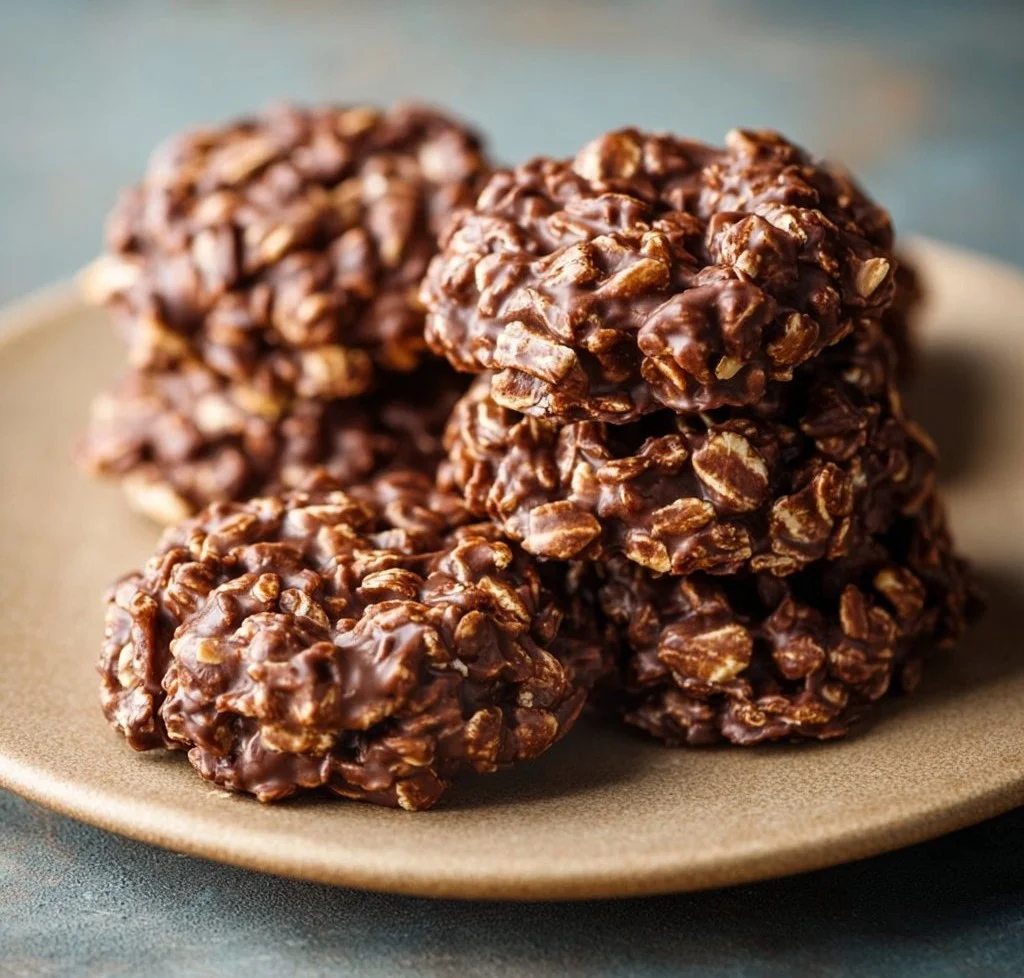 A plate of no-bake chocolate peanut butter oatmeal cookies stacked high.