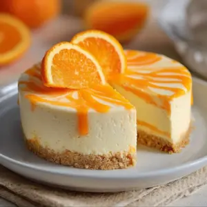 Delicious no-bake orange creamsicle cheesecake slice on a plate
