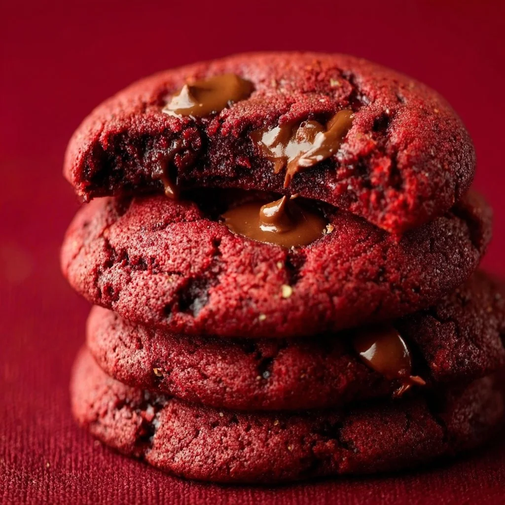 Nutella-Stuffed Red Velvet Cookies on a plate with chocolate drizzles