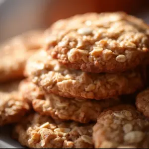 Plate of freshly baked oatmeal butterscotch cookies with a golden hue.