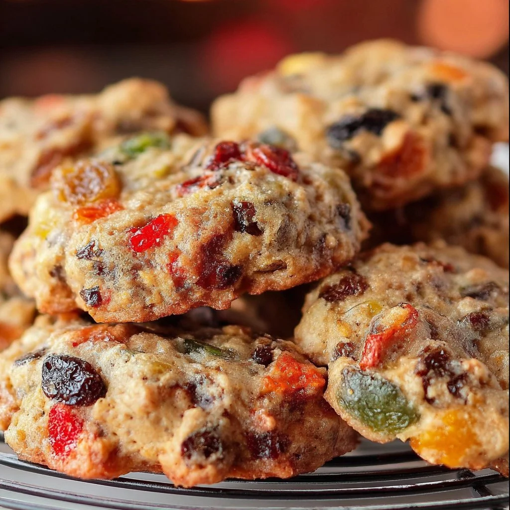 Old-fashioned fruitcake cookies with nuts and dried fruits on a plate.