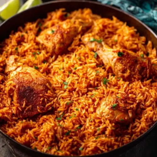 One Pan Mexican Chicken and Rice dish with vibrant colors and fresh ingredients