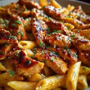 One-Pan Tangy Honey BBQ Chicken Penne recipe with honey-glazed chicken pasta