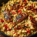One-Pot Cajun Chicken Alfredo Orzo served in a bowl with herbs