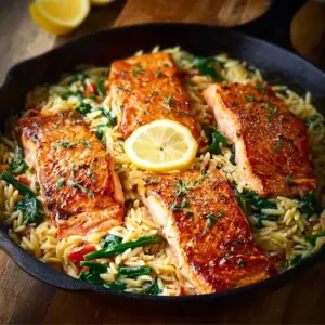 One skillet salmon served with lemon orzo on a plate