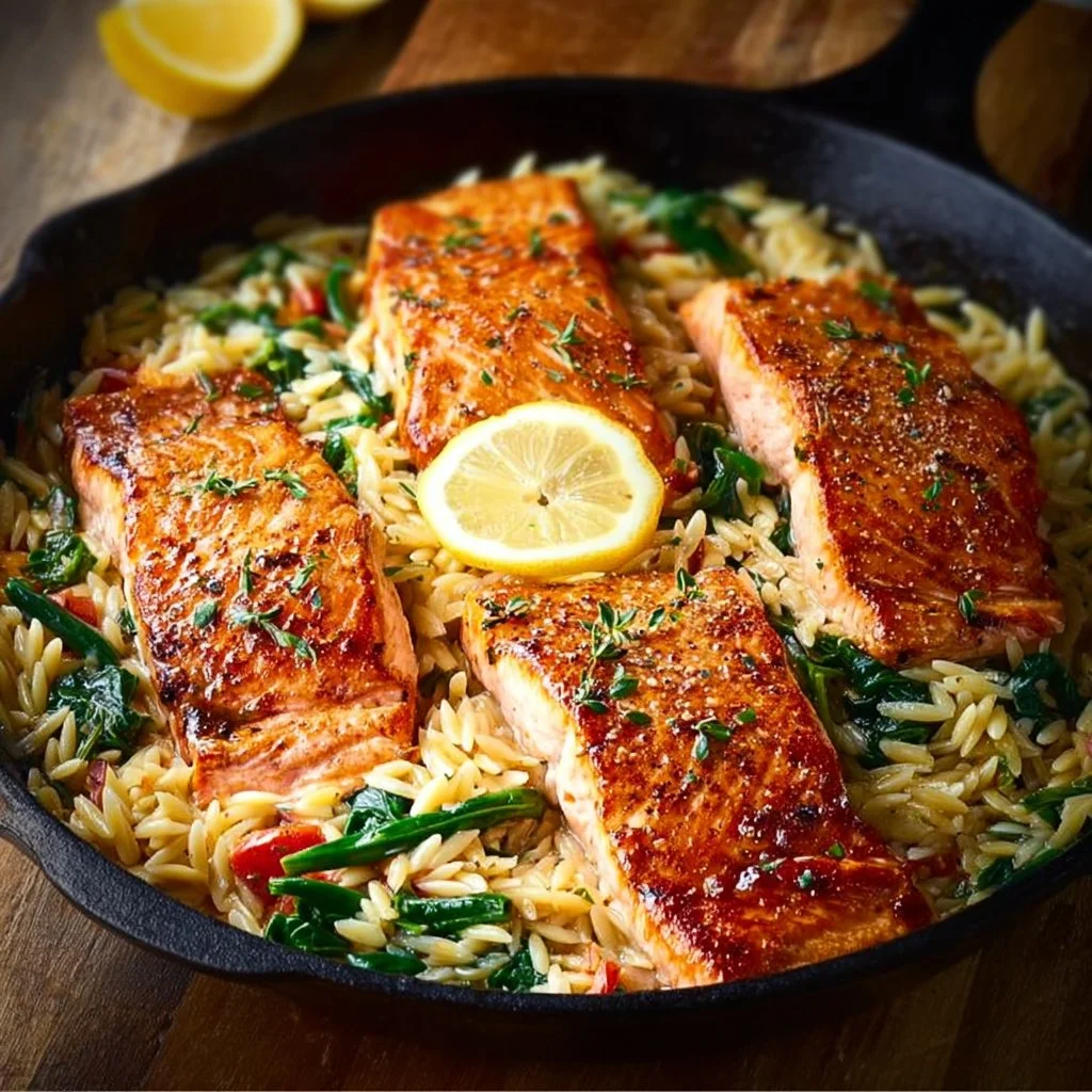One skillet salmon served with lemon orzo on a plate