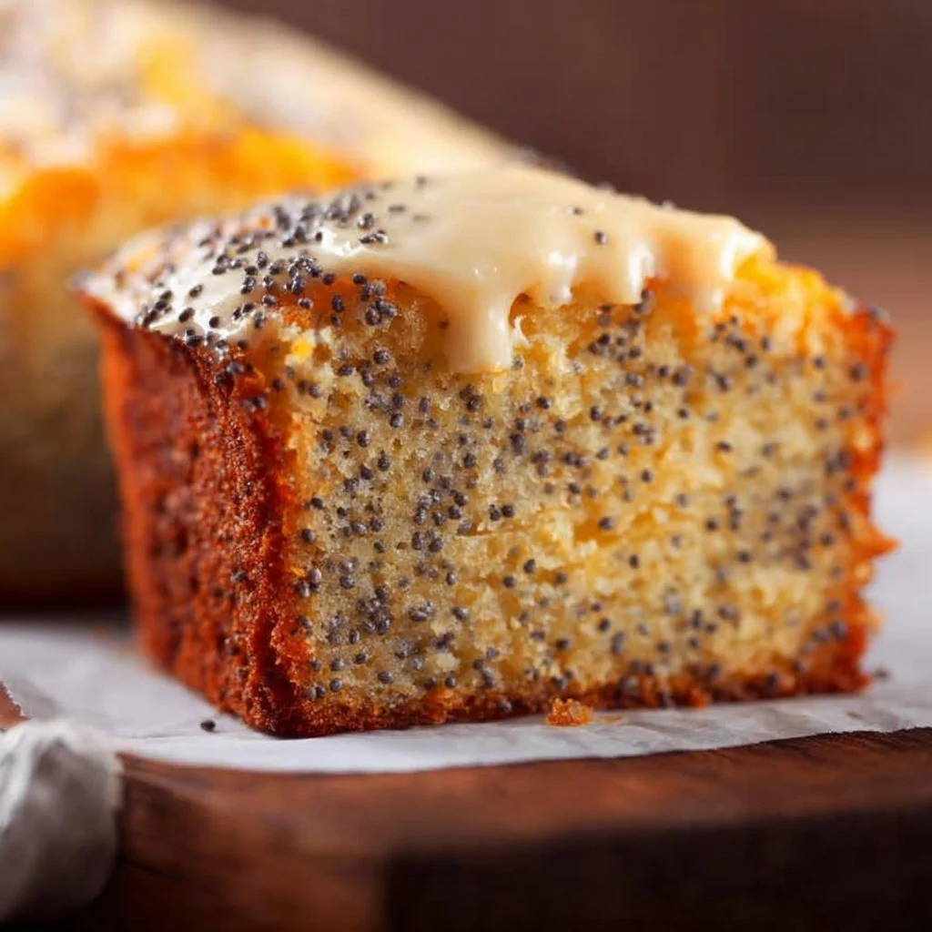 Delicious slice of orange and poppy seed cake on a plate