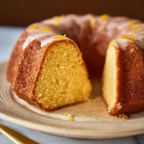 Freshly baked Orange Bundt Cake with zesty glaze and orange slices
