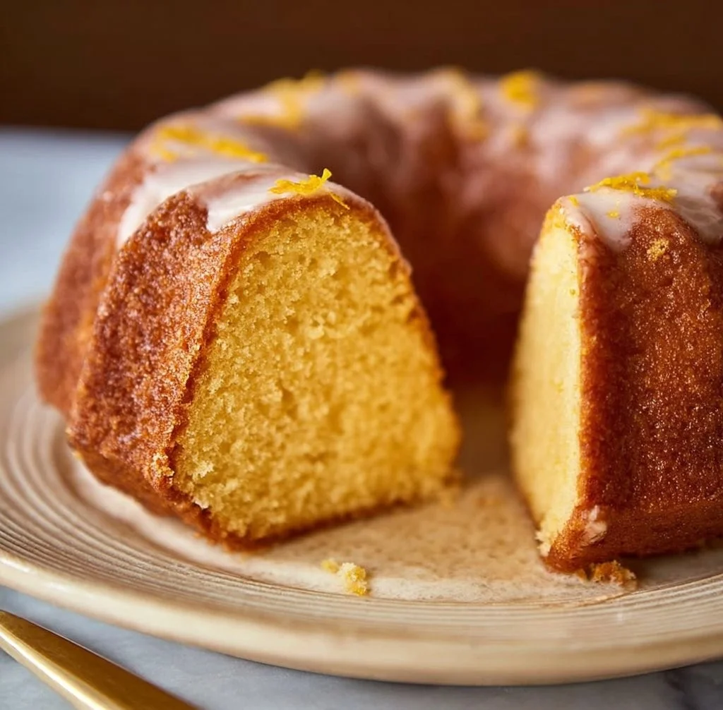 Freshly baked Orange Bundt Cake with zesty glaze and orange slices