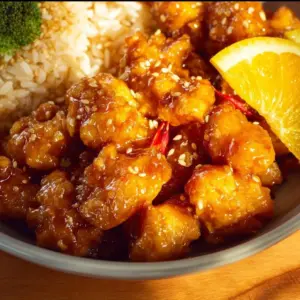 Plate of delicious orange chicken with vibrant sauce and garnishes.