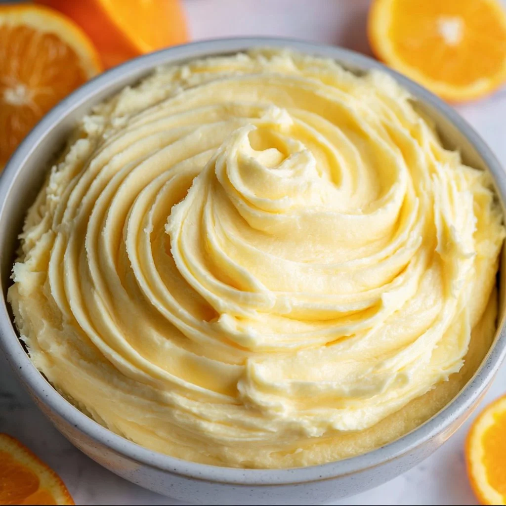Delicious orange cream cheese frosting on a vanilla cupcake