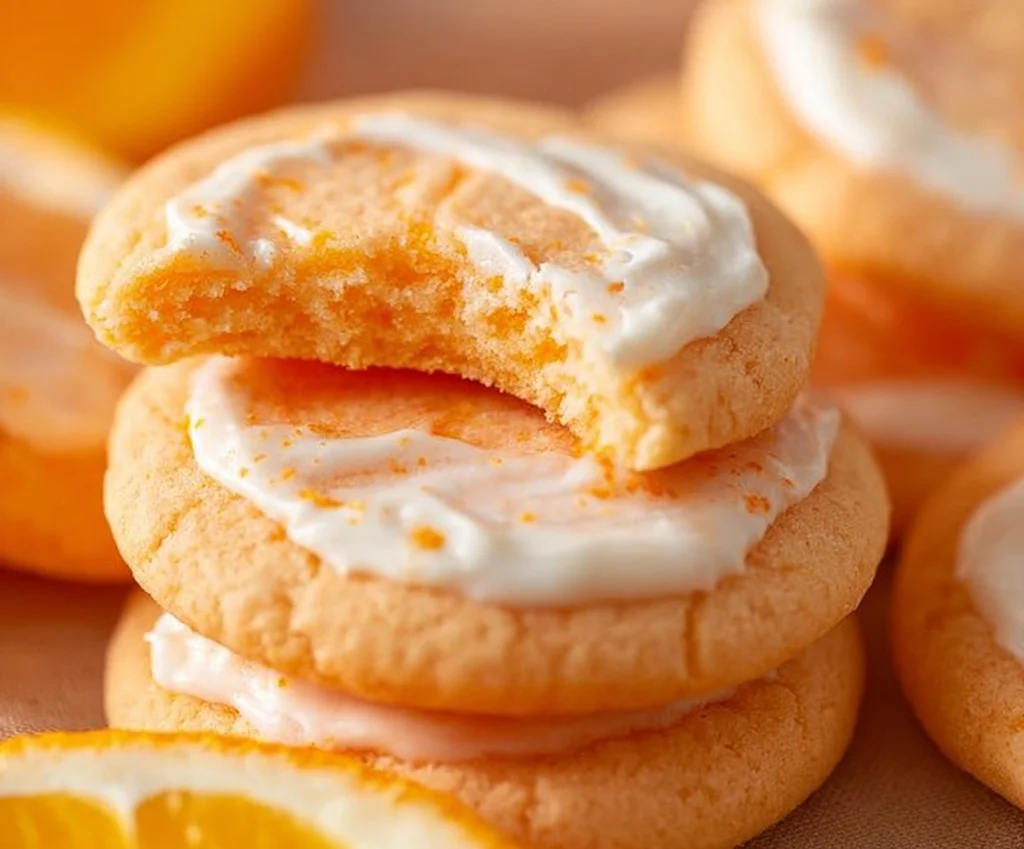 Homemade Orange Creamsicle Cookies on a plate with orange zest decoration.