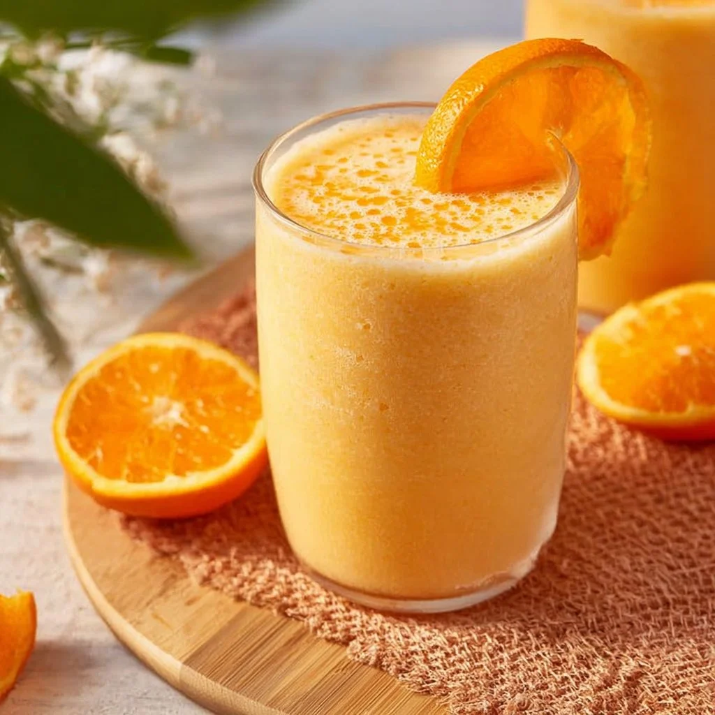 Delicious orange creamsicle smoothie in a glass with a straw