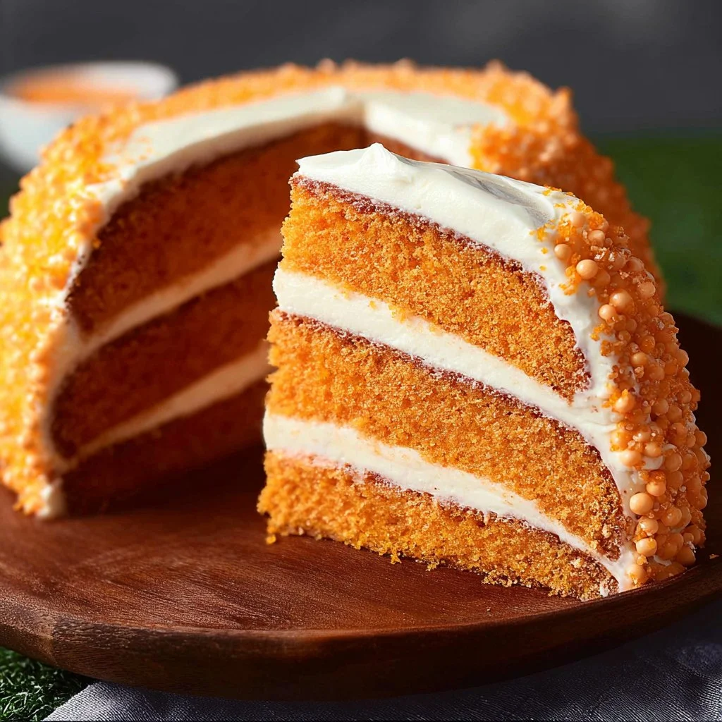 Slice of Orange Crush Cake with vibrant orange frosting and decoration