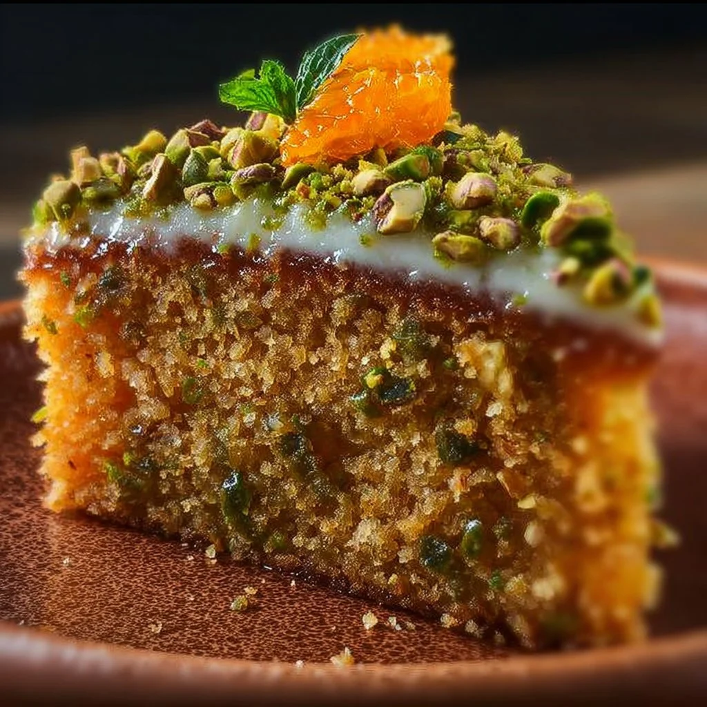 Slice of Orange Pistachio Cake topped with fresh orange slices and pistachios