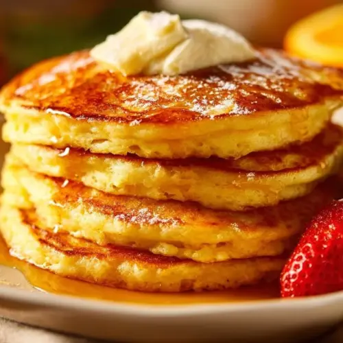Delicious orange ricotta pancakes stacked with syrup and fresh fruit