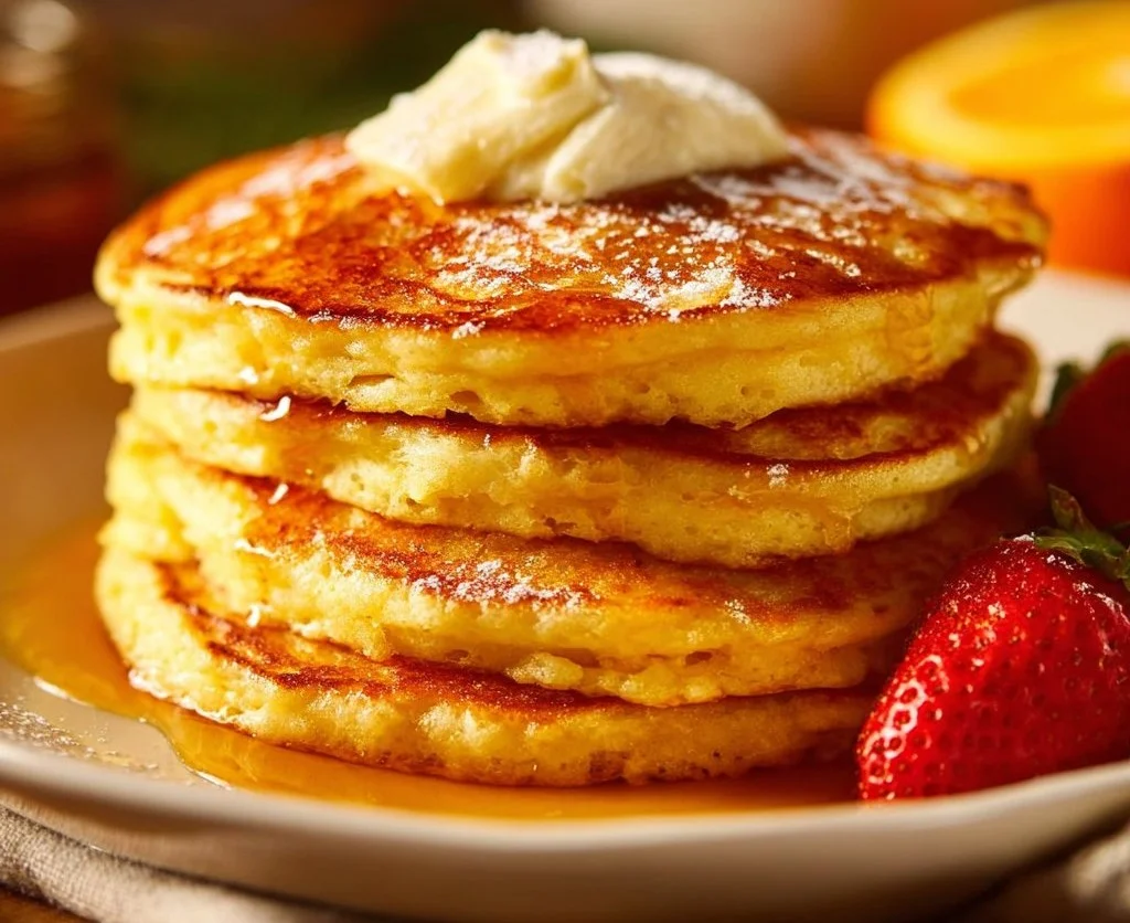 Delicious orange ricotta pancakes stacked with syrup and fresh fruit