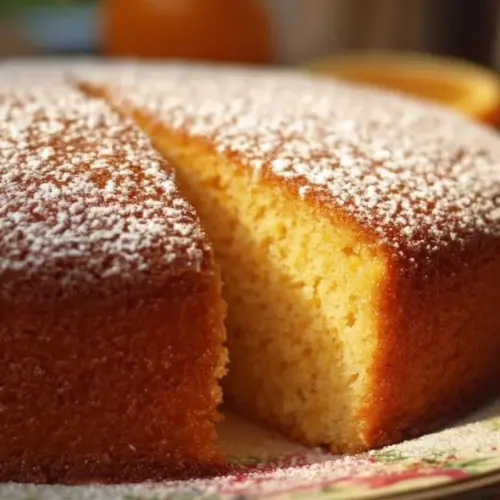 Deliciously fluffy orange sponge cake topped with fresh orange slices