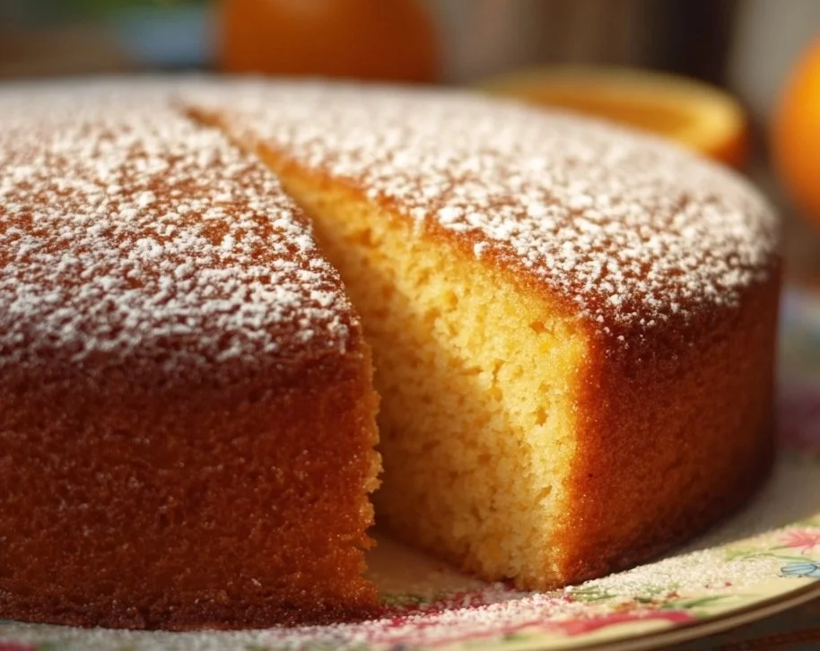 Deliciously fluffy orange sponge cake topped with fresh orange slices