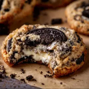 Delicious Oreo Cheesecake Cookies with a creamy filling and Oreo chunks.