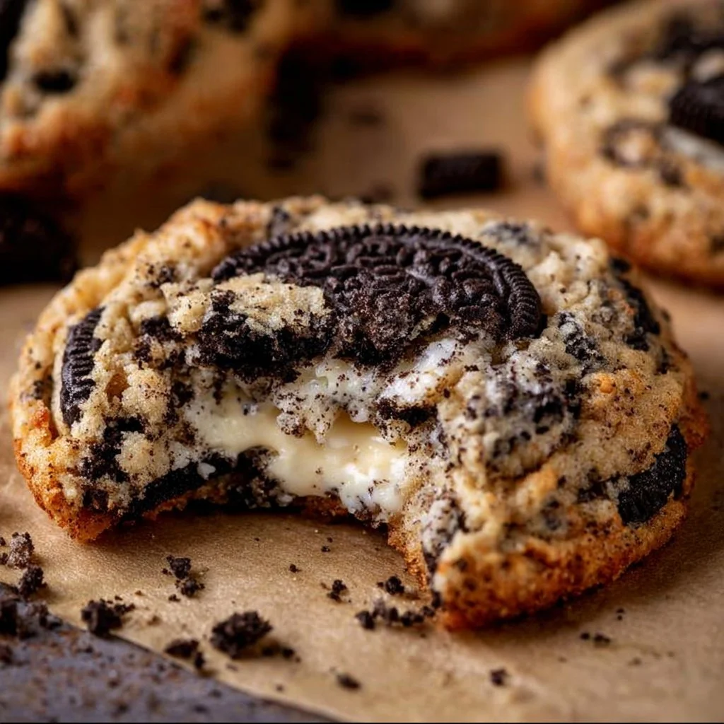 Delicious Oreo Cheesecake Cookies with a creamy filling and Oreo chunks.