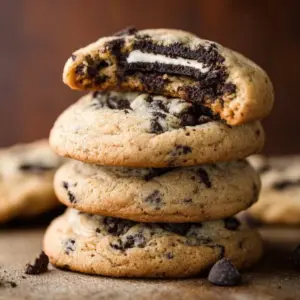 Delicious Oreo stuffed chocolate chip cookies on a plate