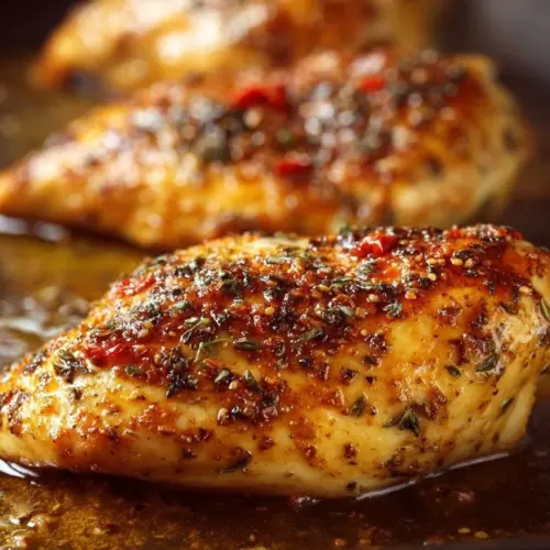 Juicy oven baked chicken breast on a white plate