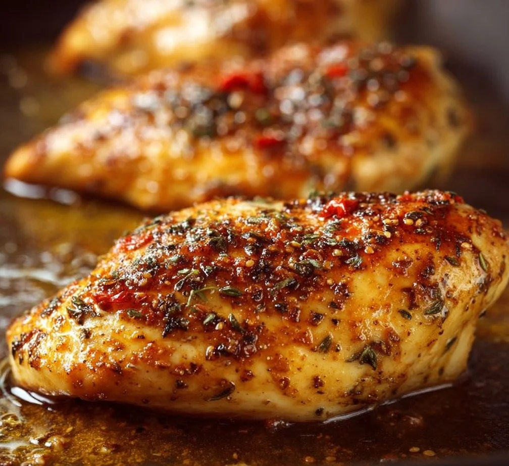 Juicy oven baked chicken breast on a white plate