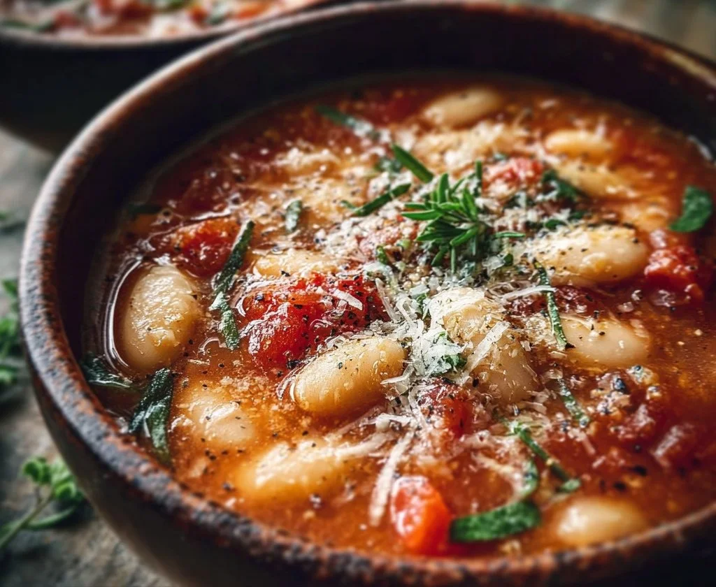 Creamy Parmesan Tomato Cannellini Bean Soup served in a bowl