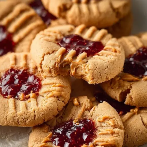 Freshly baked Peanut Butter and Jelly Cookies on a cooling rack.