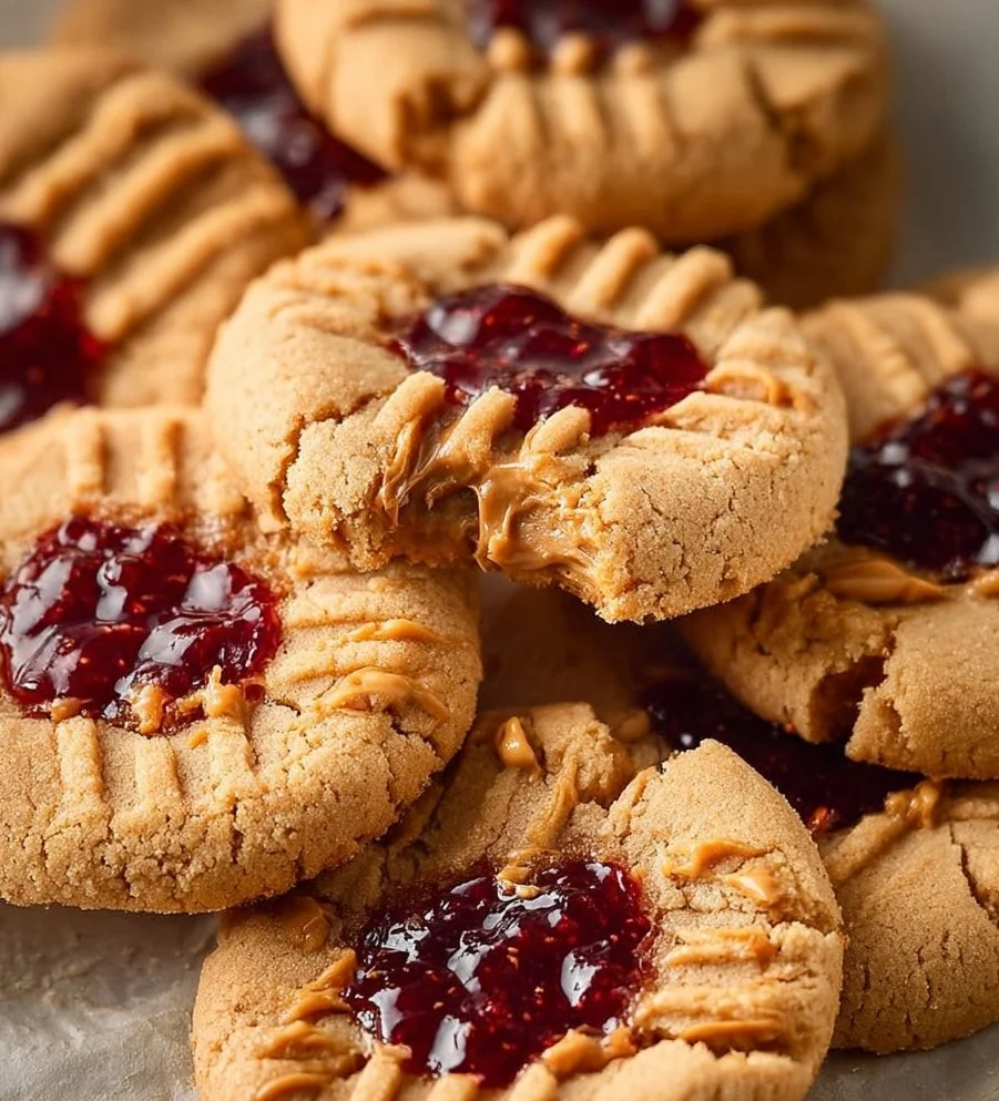 Freshly baked Peanut Butter and Jelly Cookies on a cooling rack.