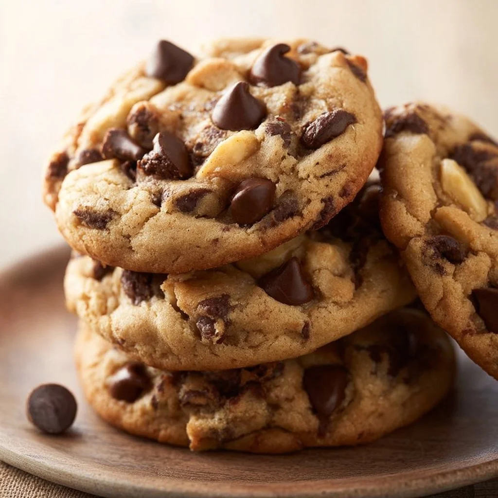 Peanut butter banana cookies with chocolate chips on a baking sheet