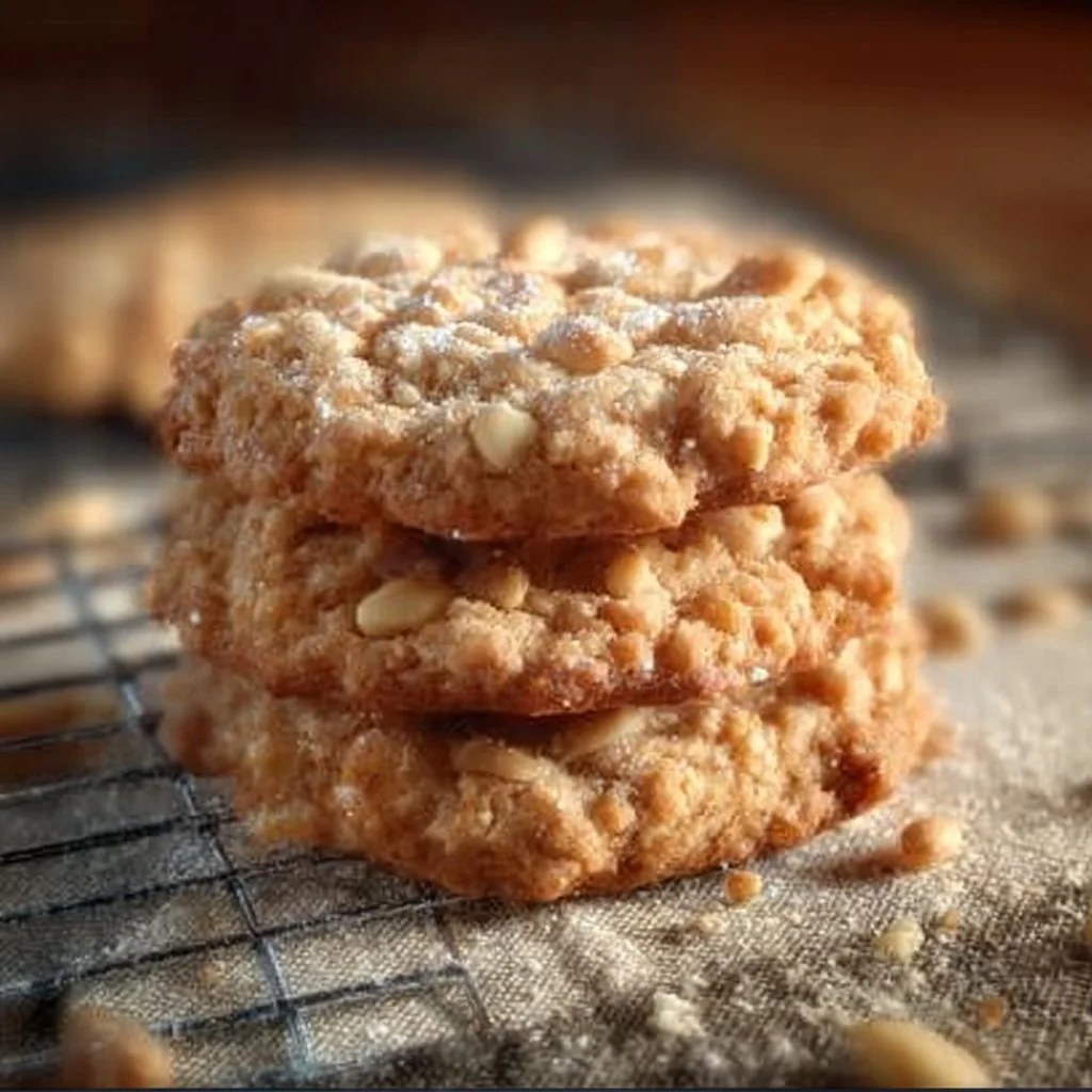 Plate of freshly baked Pignoli cookies with pine nuts on top