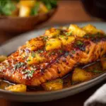 Plate of pineapple glazed salmon with vibrant pineapple chunks and herbs