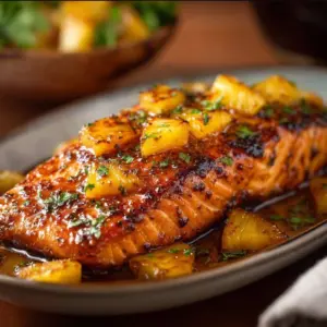 Plate of pineapple glazed salmon with vibrant pineapple chunks and herbs