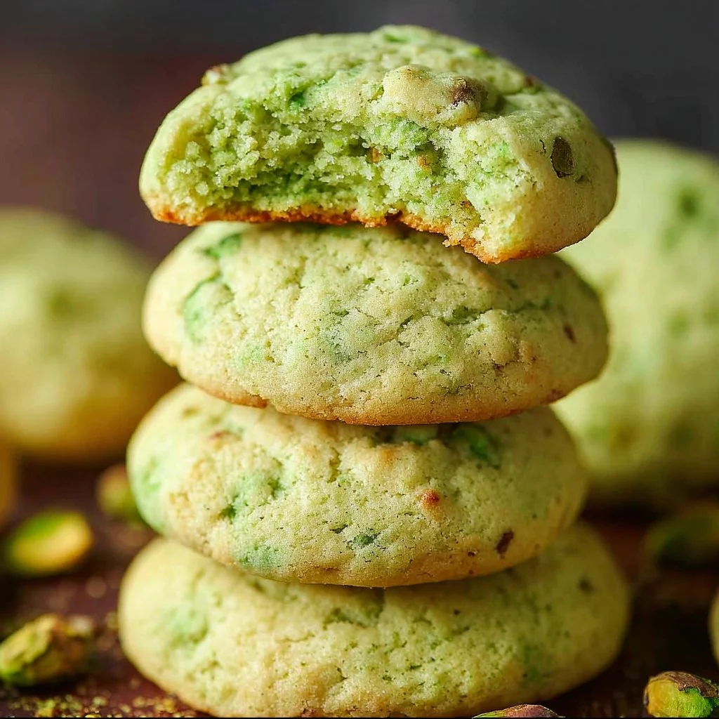 Freshly baked pistachio pudding cookies on a cooling rack