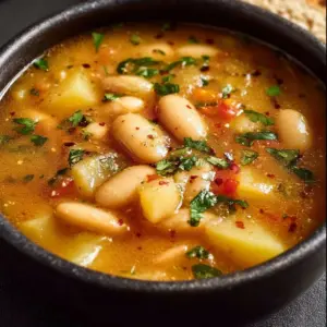 Bowl of hearty potato bean soup, garnished with fresh herbs and spices.