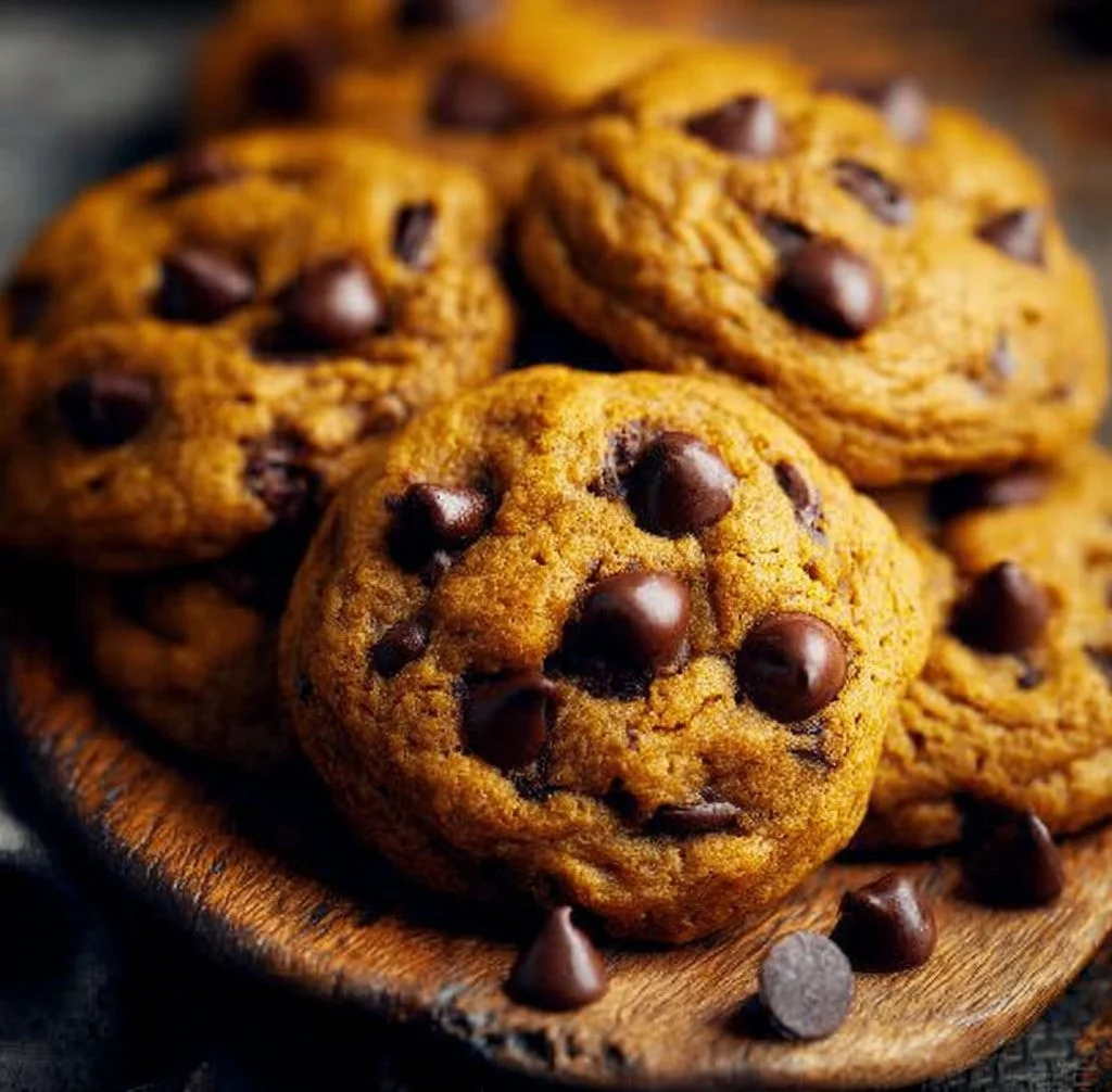 Freshly baked Pumpkin Chocolate Chip Cookies on a plate
