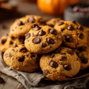 Pumpkin spice chocolate chip cookies on a wooden table with autumn leaves