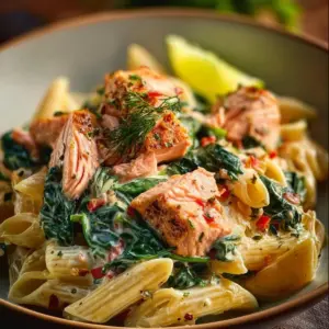 Delicious quick salmon and spinach pasta dish in a bowl