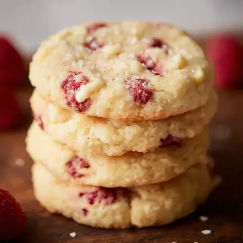 Freshly baked raspberry cheesecake cookies on a cooling rack