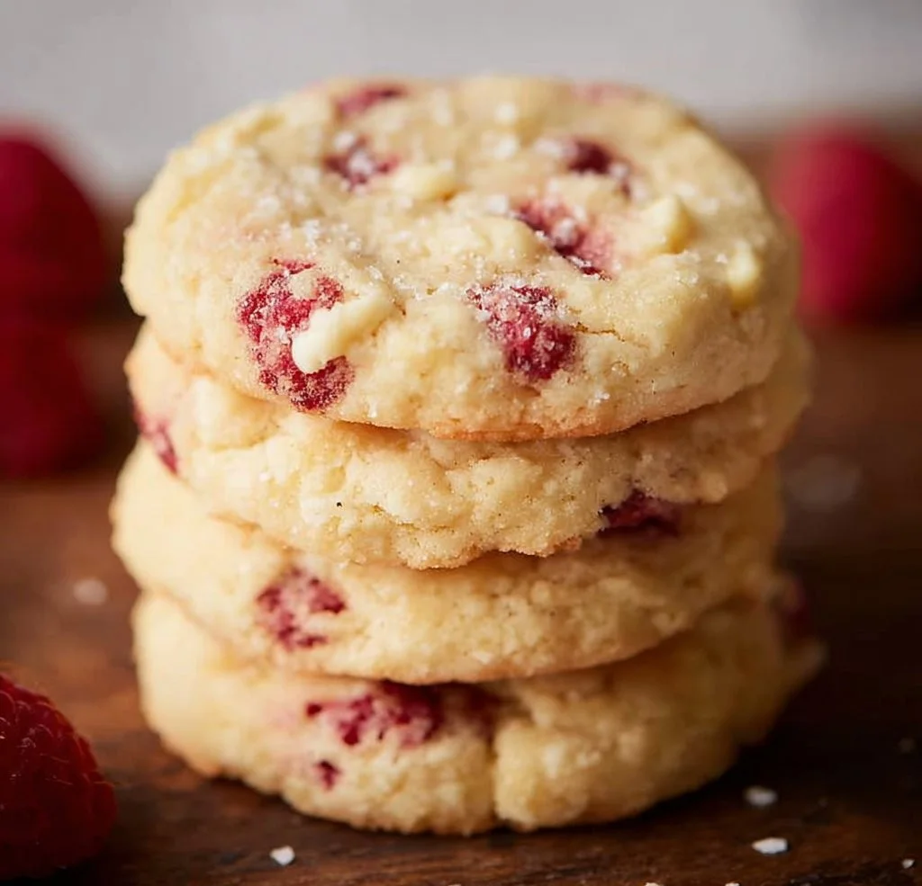 Freshly baked raspberry cheesecake cookies on a cooling rack