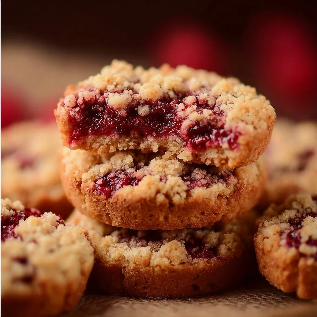 Raspberry crumble cookies fresh out of the oven, topped with a crumbly texture.